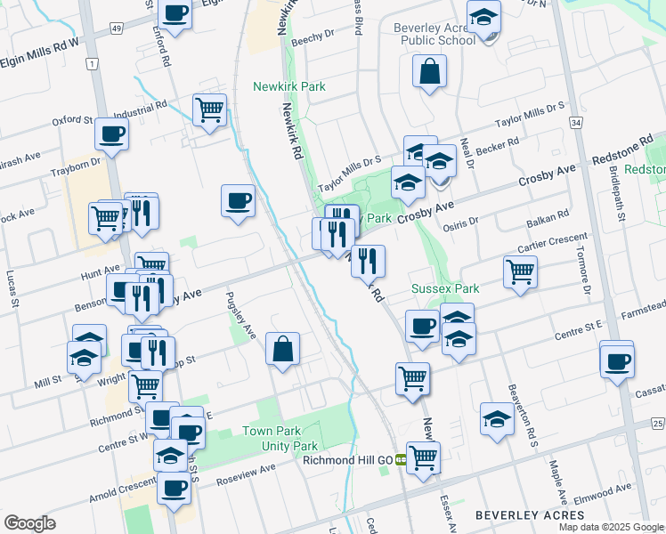 map of restaurants, bars, coffee shops, grocery stores, and more near 120 Newkirk Road in Richmond Hill