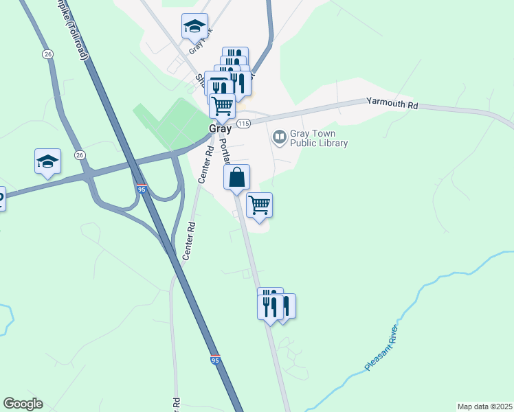 map of restaurants, bars, coffee shops, grocery stores, and more near 21 Portland Road in Gray
