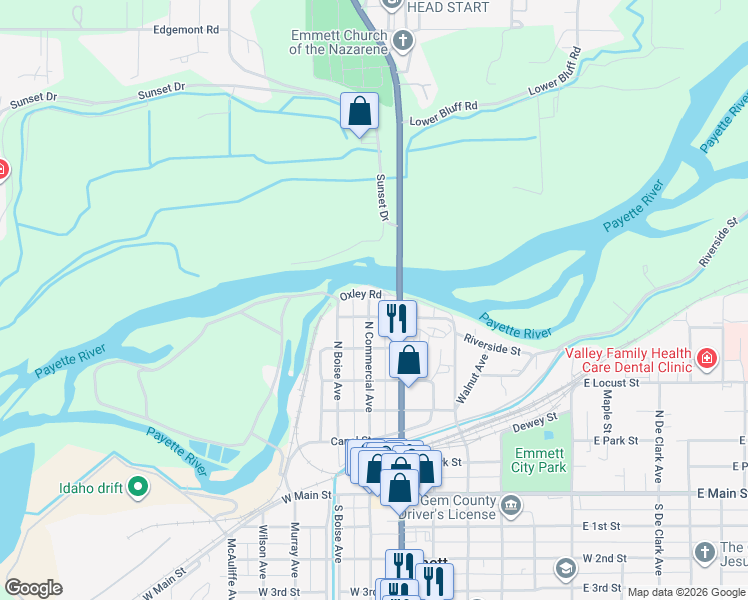 map of restaurants, bars, coffee shops, grocery stores, and more near 621 North Washington Avenue in Emmett
