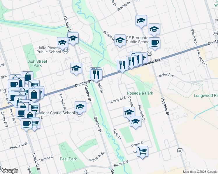 map of restaurants, bars, coffee shops, grocery stores, and more near 200 Craydon Road in Whitby