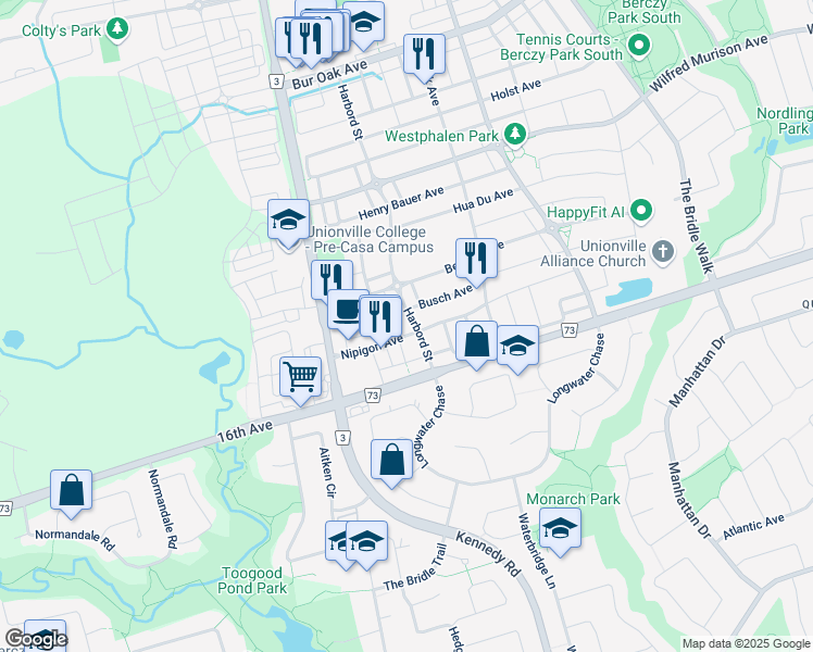 map of restaurants, bars, coffee shops, grocery stores, and more near 32 Harbord Street in Markham