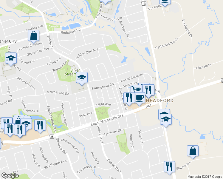 map of restaurants, bars, coffee shops, grocery stores, and more near 46 Oceanview Street in Richmond Hill