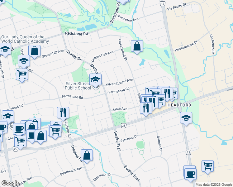 map of restaurants, bars, coffee shops, grocery stores, and more near 215 Farmstead Road in Richmond Hill