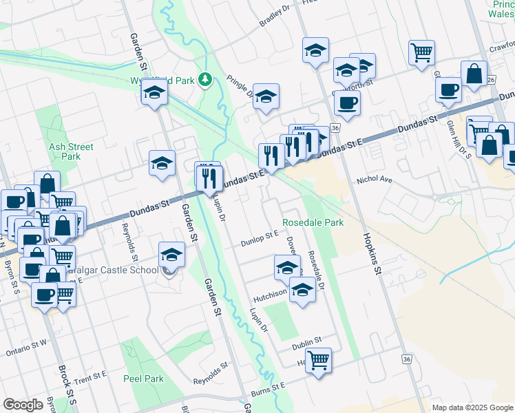 map of restaurants, bars, coffee shops, grocery stores, and more near in Whitby