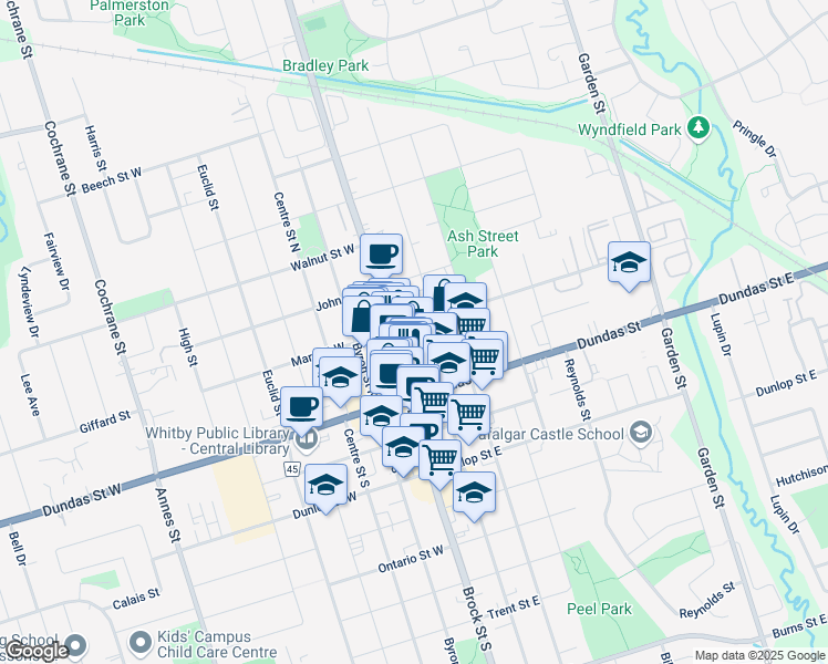 map of restaurants, bars, coffee shops, grocery stores, and more near in Whitby