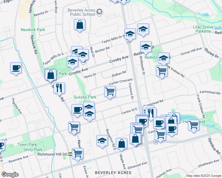 map of restaurants, bars, coffee shops, grocery stores, and more near 25 Cartier Crescent in Richmond Hill