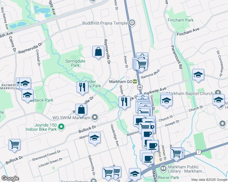 map of restaurants, bars, coffee shops, grocery stores, and more near 19 Backus Court in Markham