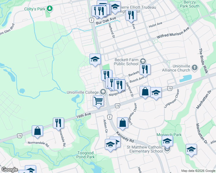 map of restaurants, bars, coffee shops, grocery stores, and more near 9309 Kennedy Road in Markham