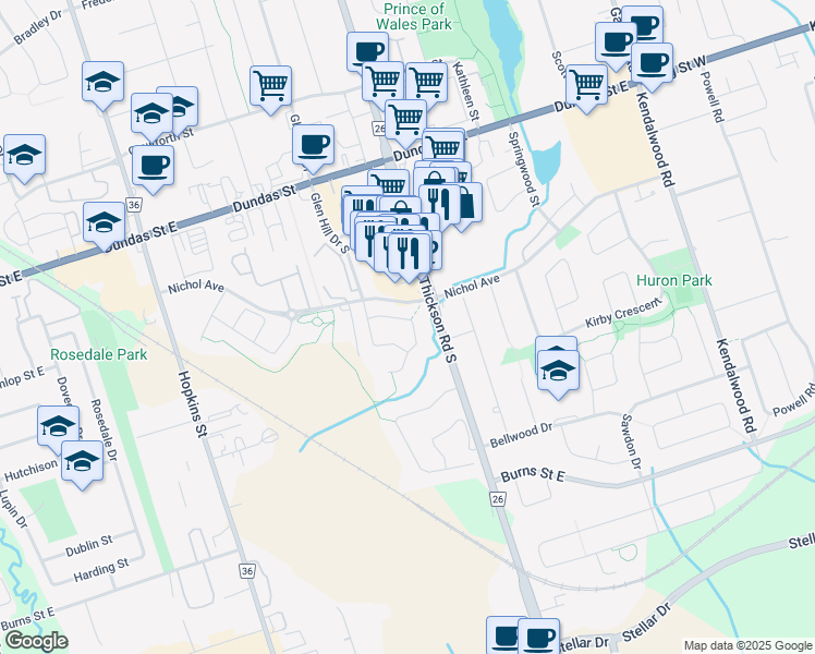 map of restaurants, bars, coffee shops, grocery stores, and more near 21 Upland Drive in Whitby