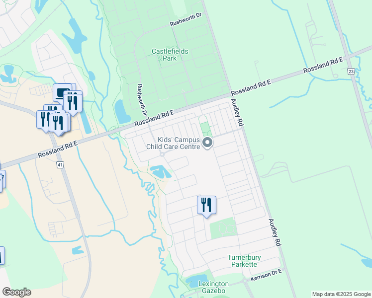 map of restaurants, bars, coffee shops, grocery stores, and more near 18 Silvester Street in Ajax