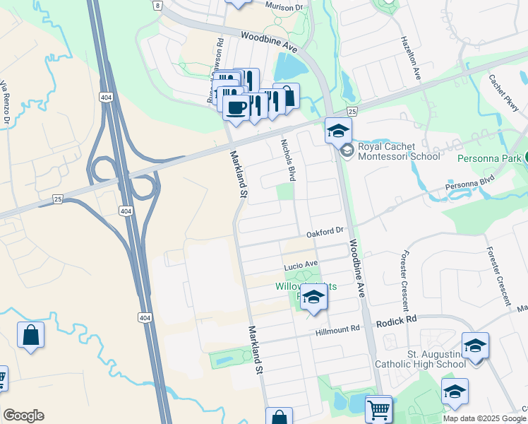 map of restaurants, bars, coffee shops, grocery stores, and more near 73 Lakespring Drive in Markham