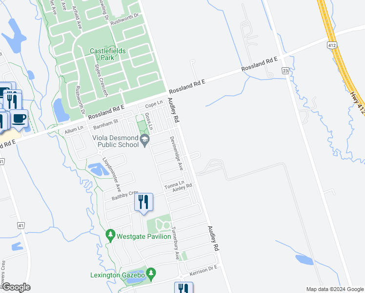 map of restaurants, bars, coffee shops, grocery stores, and more near 890 Audley Road in Ajax