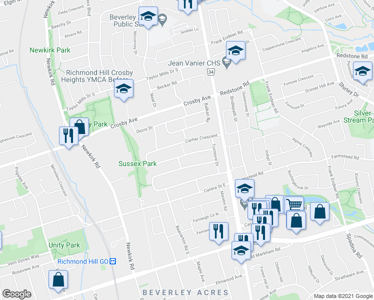 map of restaurants, bars, coffee shops, grocery stores, and more near 21 Cartier Crescent in Richmond Hill