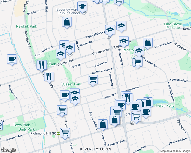 map of restaurants, bars, coffee shops, grocery stores, and more near 98 Cartier Crescent in Richmond Hill