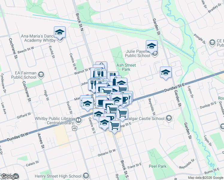 map of restaurants, bars, coffee shops, grocery stores, and more near 133 Mary Street East in Whitby