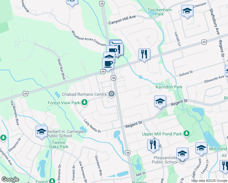 map of restaurants, bars, coffee shops, grocery stores, and more near 10574 Bathurst Street in Richmond Hill