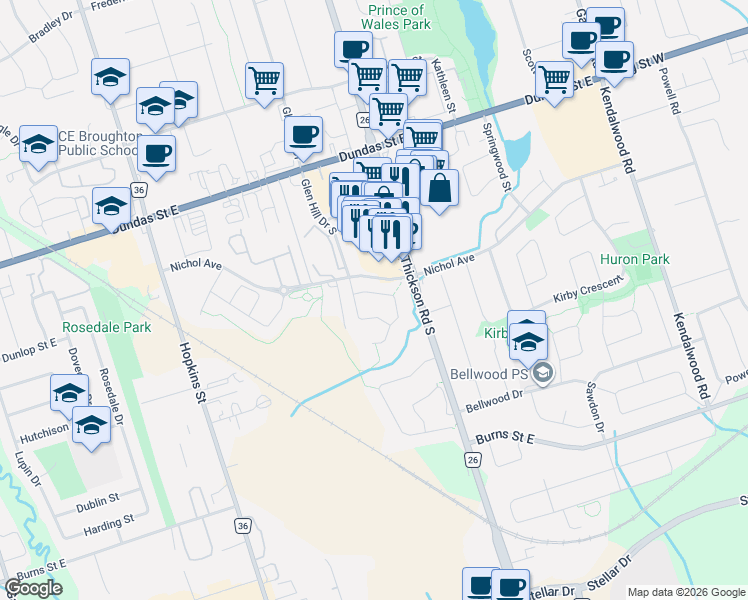 map of restaurants, bars, coffee shops, grocery stores, and more near 11 Upland Drive in Whitby