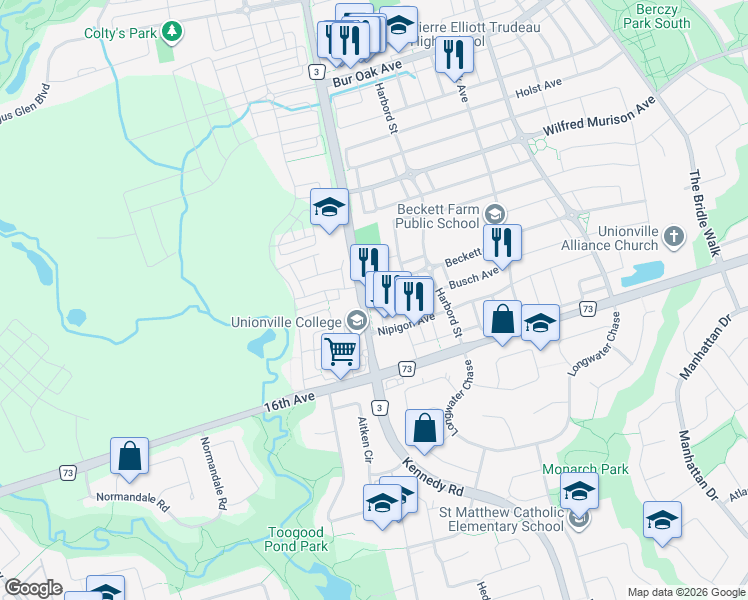 map of restaurants, bars, coffee shops, grocery stores, and more near in Markham
