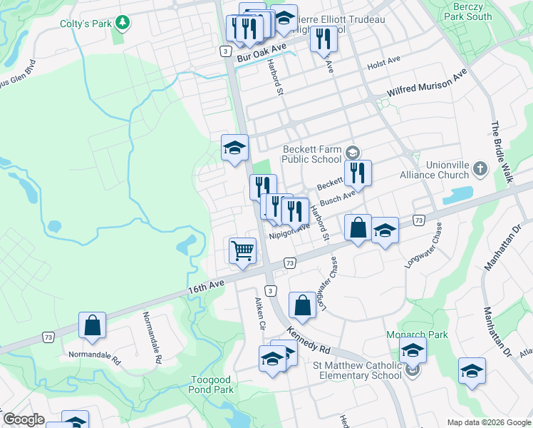 map of restaurants, bars, coffee shops, grocery stores, and more near 9349 Kennedy Road in Markham