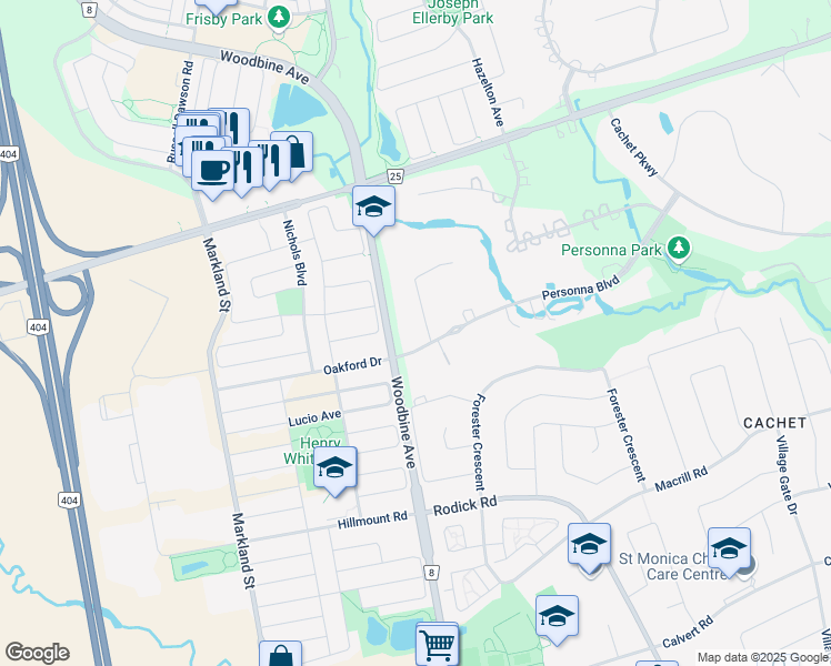 map of restaurants, bars, coffee shops, grocery stores, and more near 2 Allen Manor in Markham
