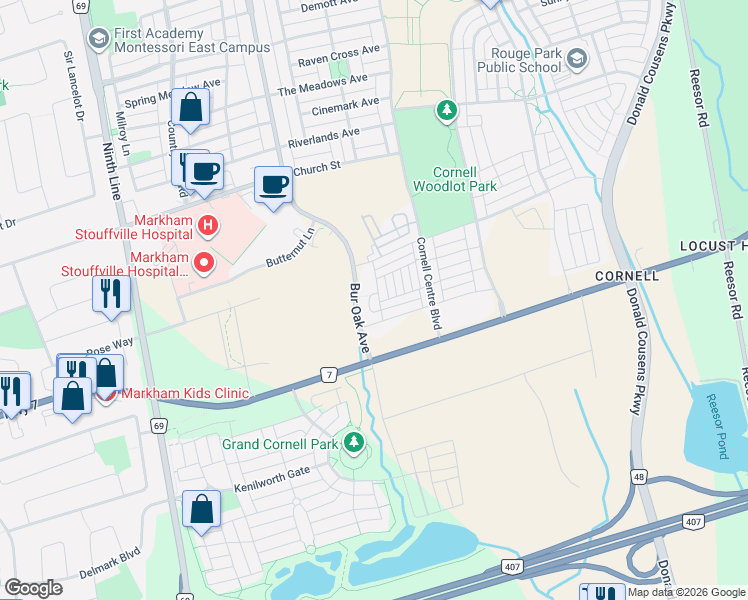 map of restaurants, bars, coffee shops, grocery stores, and more near in Markham