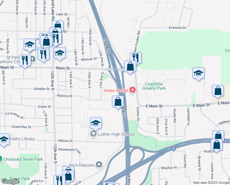 map of restaurants, bars, coffee shops, grocery stores, and more near 116 Oak Forest Drive in Onalaska