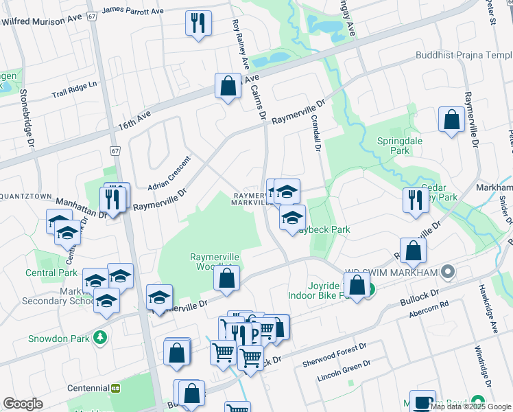 map of restaurants, bars, coffee shops, grocery stores, and more near 4 Higginson Street in Markham