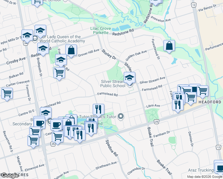 map of restaurants, bars, coffee shops, grocery stores, and more near 36 Shell Court in Richmond Hill