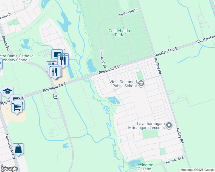 map of restaurants, bars, coffee shops, grocery stores, and more near 7 Boylett Road in Ajax