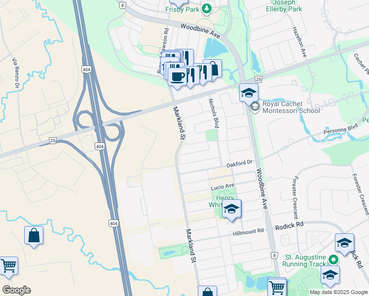 map of restaurants, bars, coffee shops, grocery stores, and more near 37 Starhill Crescent in Markham