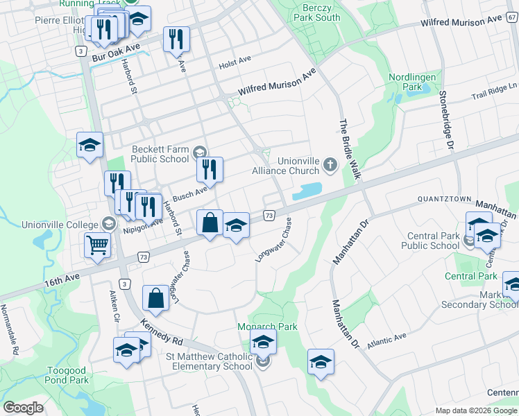 map of restaurants, bars, coffee shops, grocery stores, and more near 90 Christian Ritter Drive in Markham