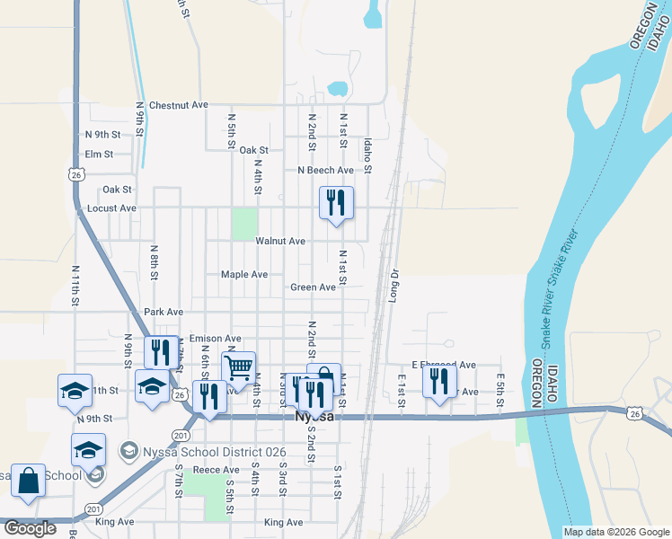 map of restaurants, bars, coffee shops, grocery stores, and more near 533 North 1st Street in Nyssa