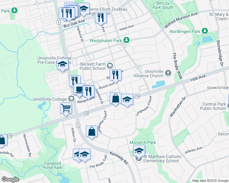 map of restaurants, bars, coffee shops, grocery stores, and more near 29 Manila Avenue in Markham