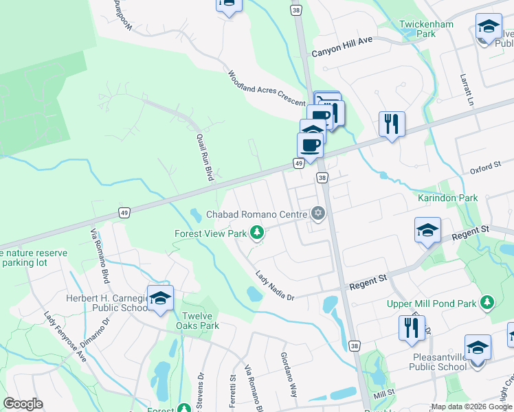 map of restaurants, bars, coffee shops, grocery stores, and more near Lady Loretta Lane in Vaughan