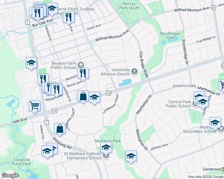 map of restaurants, bars, coffee shops, grocery stores, and more near 126 Christian Ritter Drive in Markham