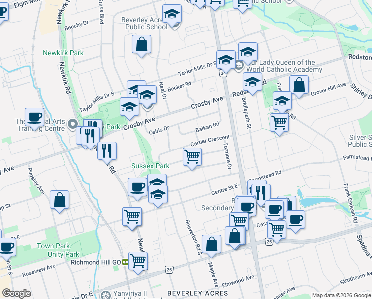 map of restaurants, bars, coffee shops, grocery stores, and more near 79 Cartier Crescent in Richmond Hill