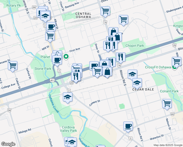 map of restaurants, bars, coffee shops, grocery stores, and more near 628 Howard Street in Oshawa