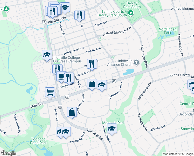 map of restaurants, bars, coffee shops, grocery stores, and more near 1 Brock Avenue in Markham