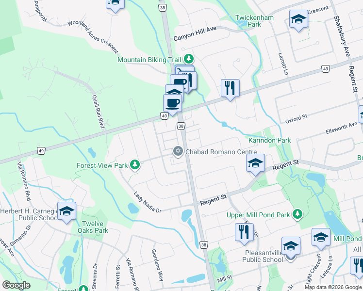 map of restaurants, bars, coffee shops, grocery stores, and more near 10578 Bathurst Street in Richmond Hill