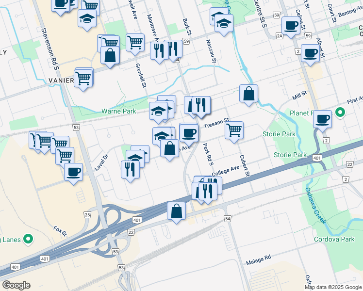 map of restaurants, bars, coffee shops, grocery stores, and more near 322 Hillside Avenue in Oshawa