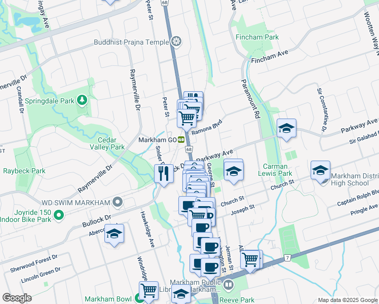 map of restaurants, bars, coffee shops, grocery stores, and more near Main Street North in Markham