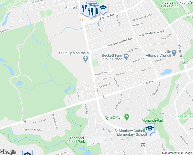 map of restaurants, bars, coffee shops, grocery stores, and more near 9355 Kennedy Road in Markham