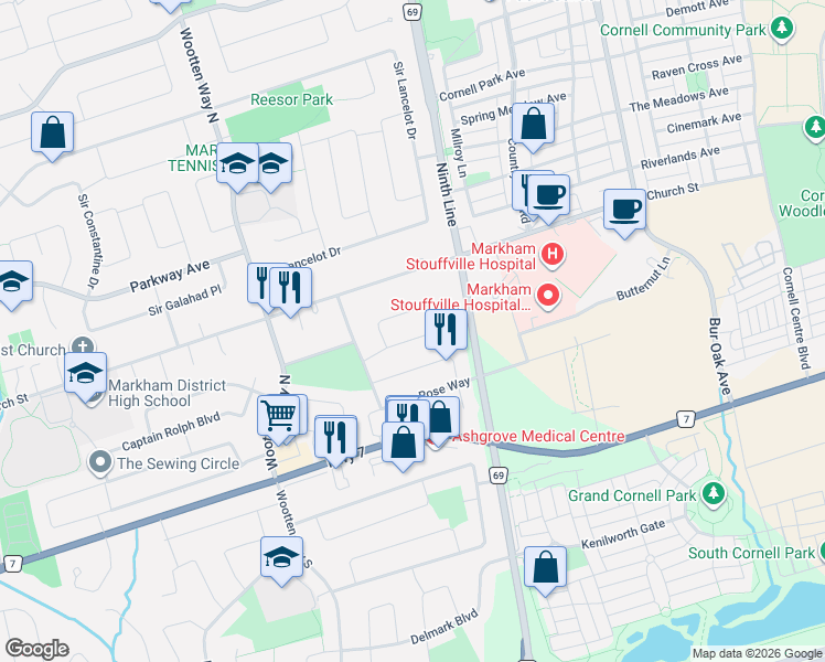 map of restaurants, bars, coffee shops, grocery stores, and more near 18 Oak Lea Circle in Markham