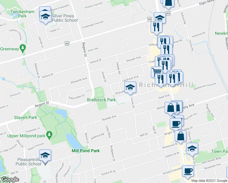 map of restaurants, bars, coffee shops, grocery stores, and more near 235 Montiel Road in Richmond Hill
