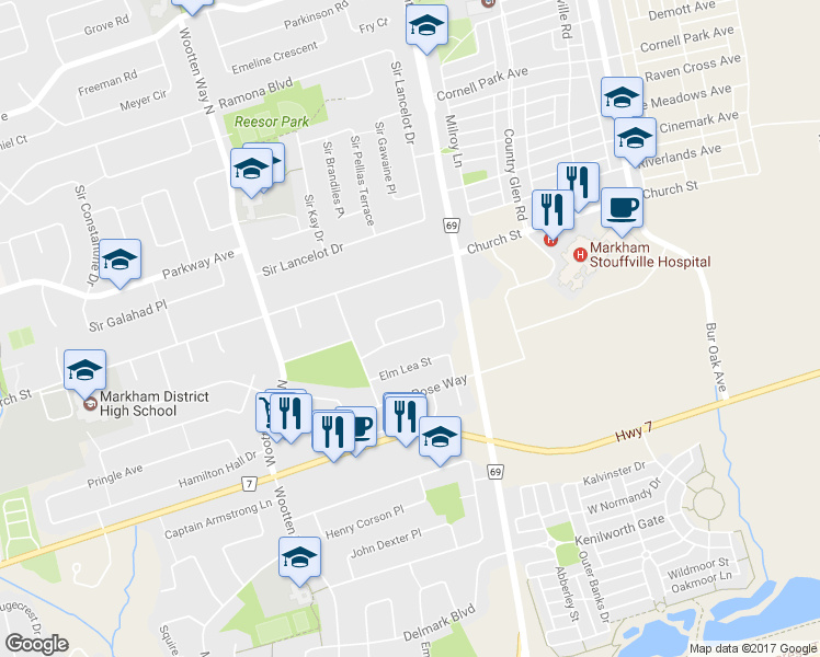 map of restaurants, bars, coffee shops, grocery stores, and more near 18 Oak Lea Circle in Markham