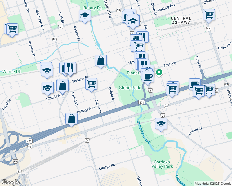 map of restaurants, bars, coffee shops, grocery stores, and more near 111 Mill Street in Oshawa