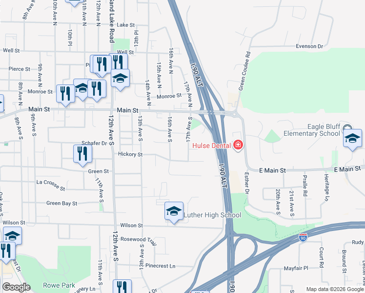 map of restaurants, bars, coffee shops, grocery stores, and more near 124 17th Avenue North in Onalaska