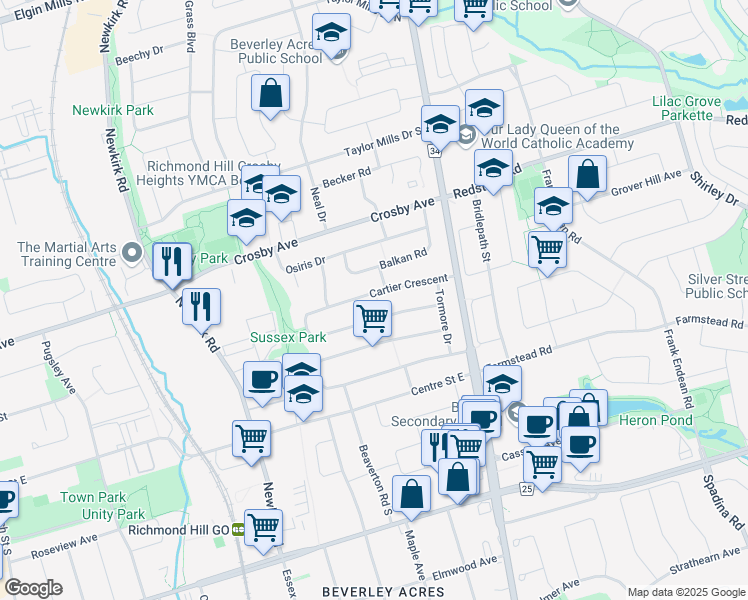 map of restaurants, bars, coffee shops, grocery stores, and more near 85 Cartier Crescent in Richmond Hill