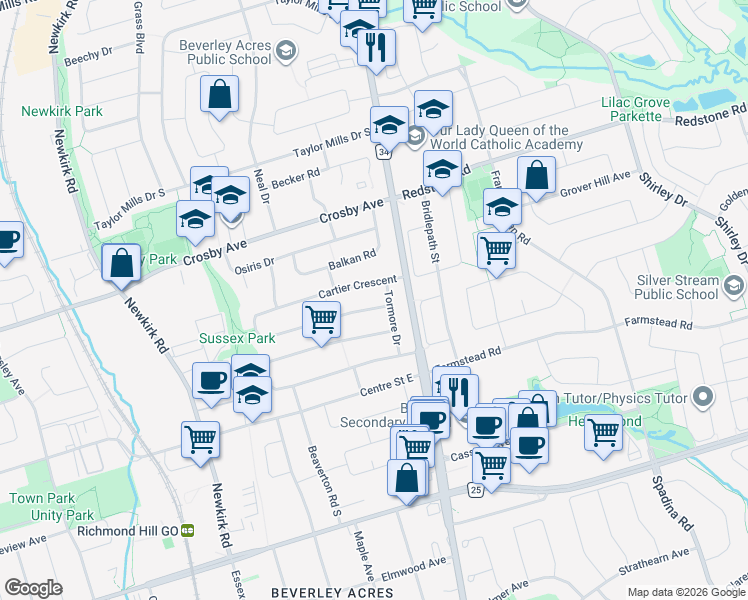 map of restaurants, bars, coffee shops, grocery stores, and more near 3 Cartier Crescent in Richmond Hill