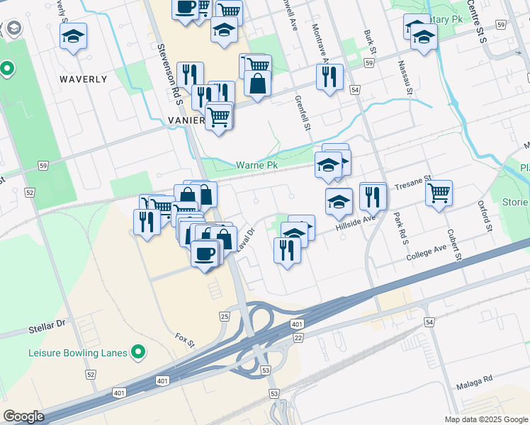 map of restaurants, bars, coffee shops, grocery stores, and more near 425 Laval Drive in Oshawa